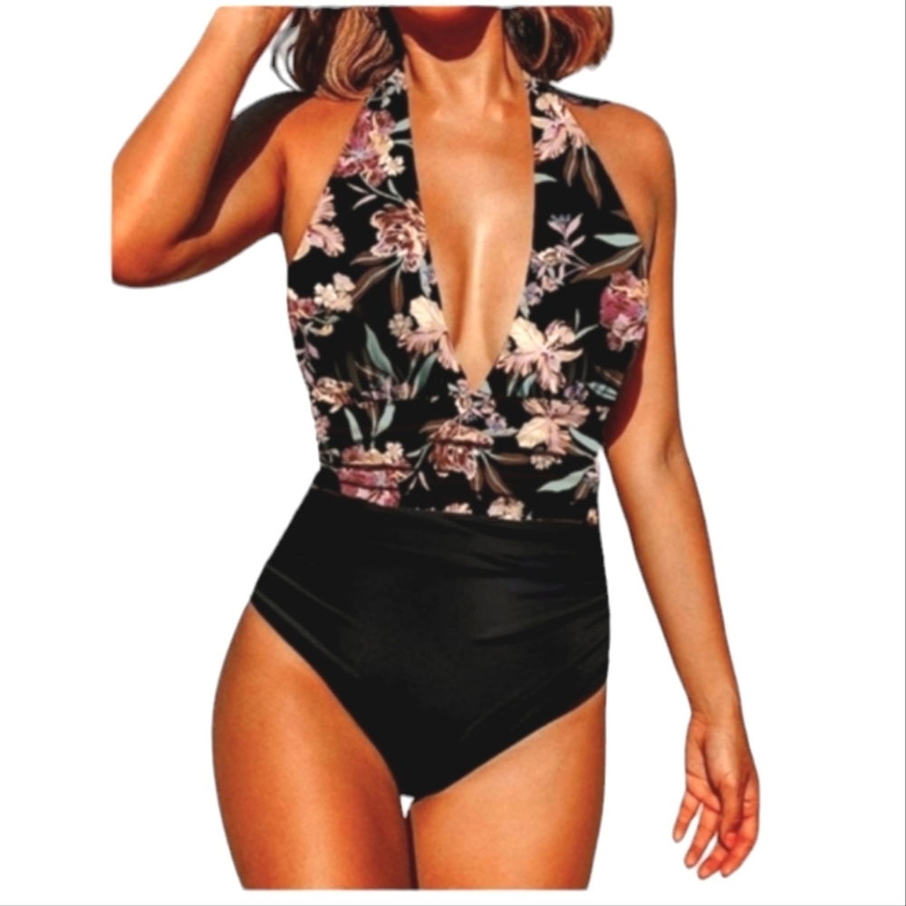 Cupshe Classic Plunge Halter Tummy Control One Piece Swimsuit with Floral Print